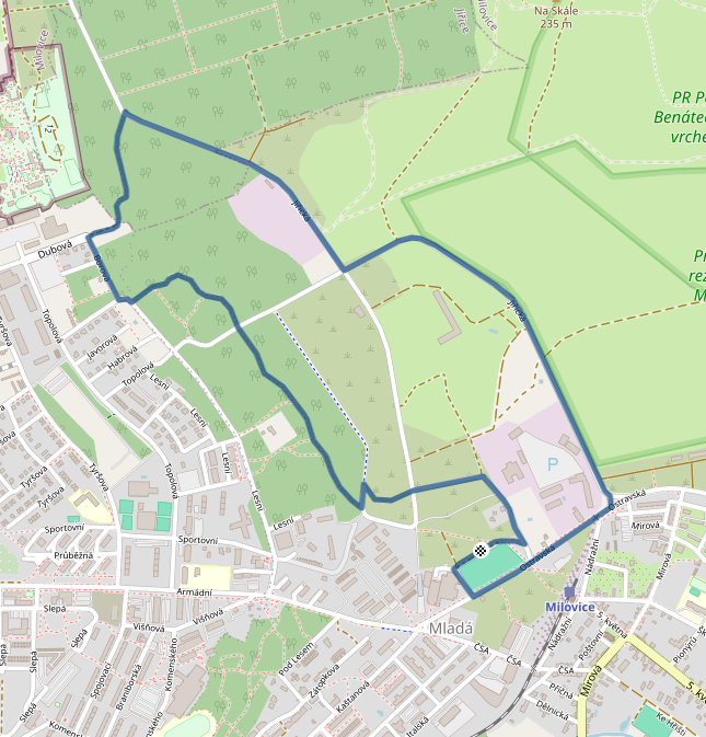 Mapa závodu 5,2 km - Milovice| Sokolský běh republiky