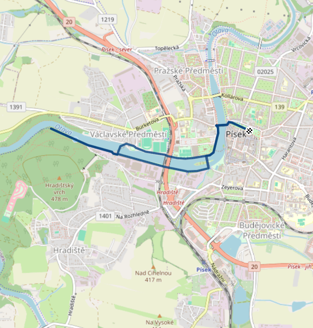 Mapa závodu 5,35 km - Písek | Sokolský běh republiky